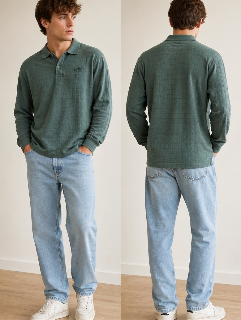 Men’s Green Textured Polo Chicken “SKOWEE” Embroidered Preppy Size M